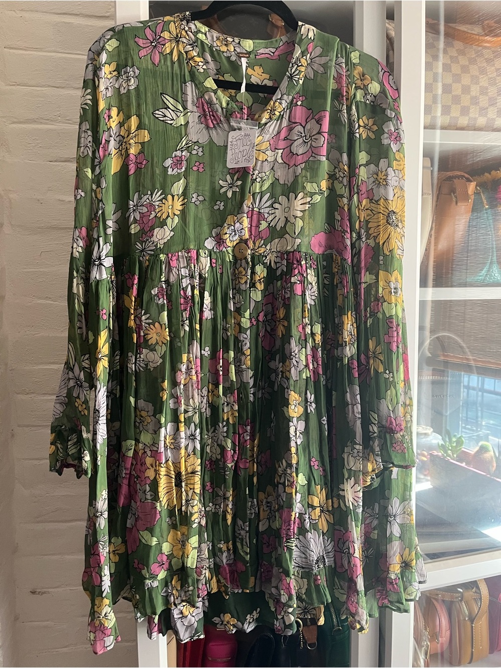 Free People Green Floral Pleated Tunic Top